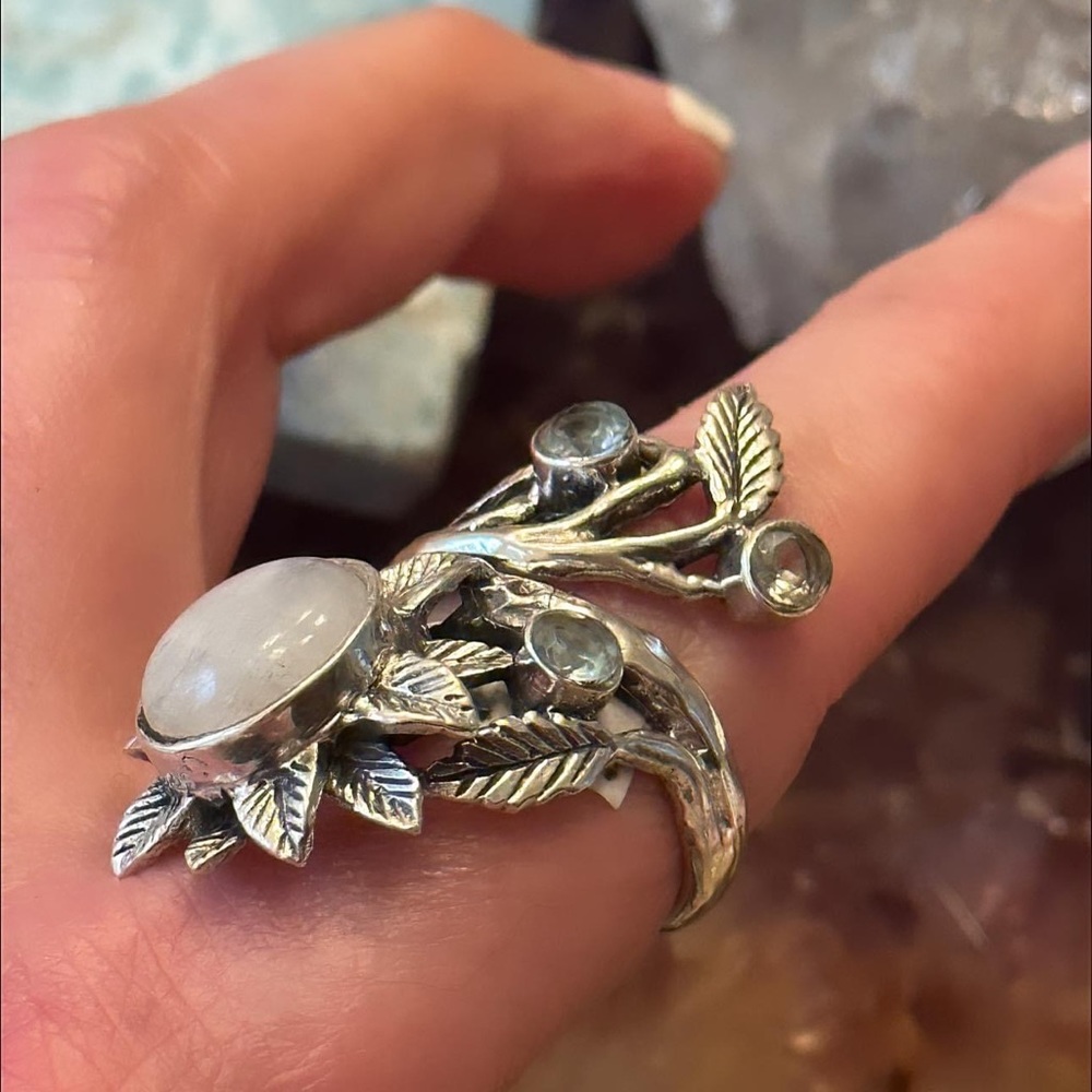 Rainbow Moonstone Statement Flower Sterling Silve… - image 4
